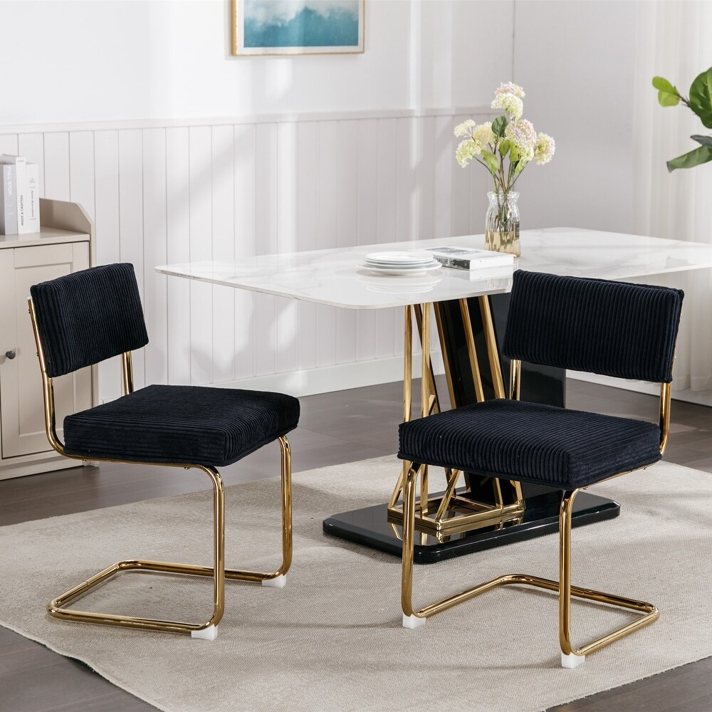 Modern Dining Chairs with Corduroy Fabric Gold Metal Base  Accent Armless Kitchen Chairs with Channel Tufting Set of 2