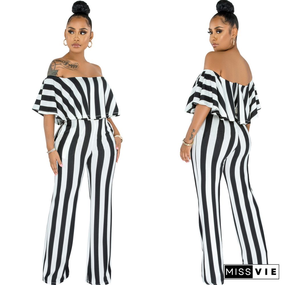 Striped Off Shoulder Wide Leg Jumpsuits