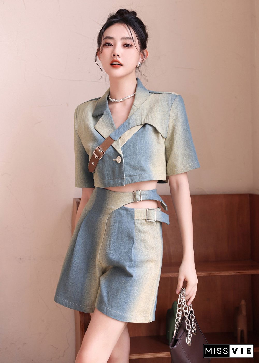 Natural Gradient Color Asymmetrical Denim Tops And Shorts 2 Piece Outfit Summer