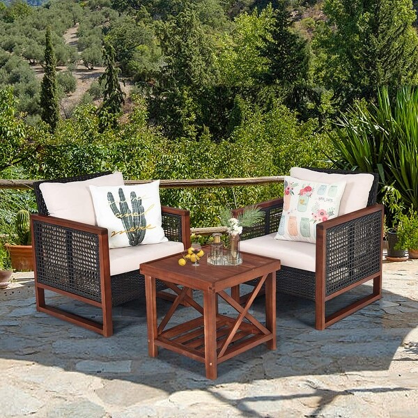 3 Pieces Outdoor Patio Furniture Set Wicker Chairs with Table，Balcony Porch Furniture Bistro Set with Cushions for Garden