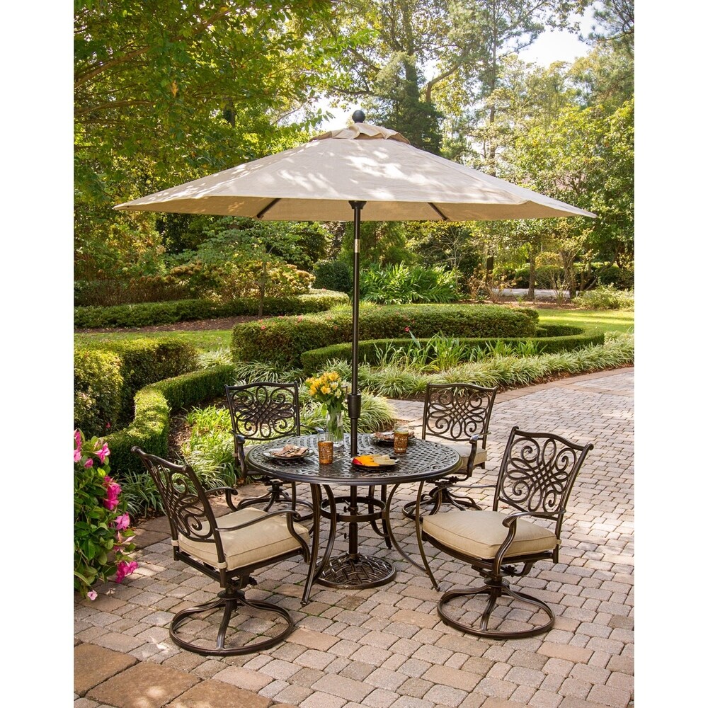 Hanover Traditions 6 Pc. Dining Set of 4 Aluminum Cast Swivel Chairs  48 in. Round Table  and a Table Umbrella