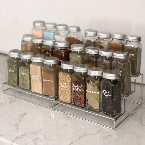 3 Tier Spice Rack Organizer Storage Shelf Holder with 24 Glass Jars and Labels