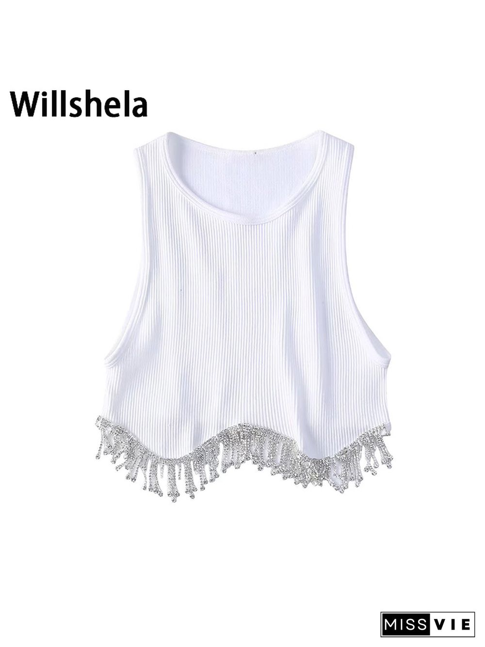 Women Fashion Camis With Beading Hem Cropped Sleeveless Vest Vintage O Neck Female Chic Lady Crop Tank Tops