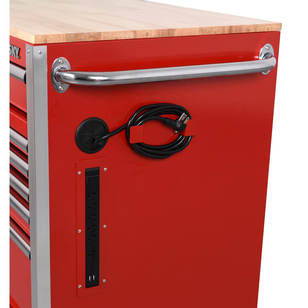 Husky 52 in. W x 24.5 in. D Standard Duty 10-Drawer Mobile Workbench Tool Chest with Solid Wood Top in Gloss Red H52MWC10RED