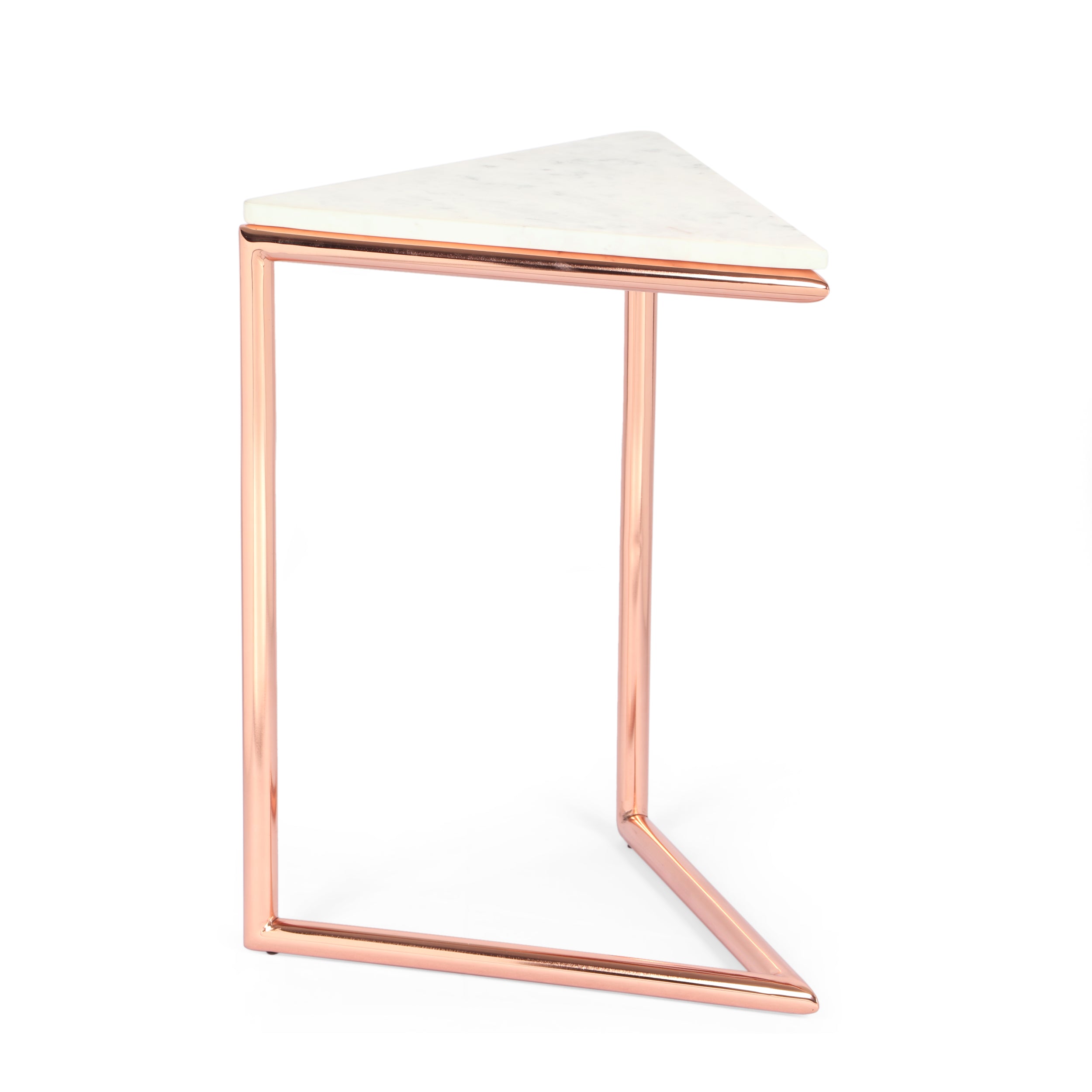 Cowger Modern Glam Handcrafted Banswara Marble Top C-Shaped Side Table, White and Rose Gold