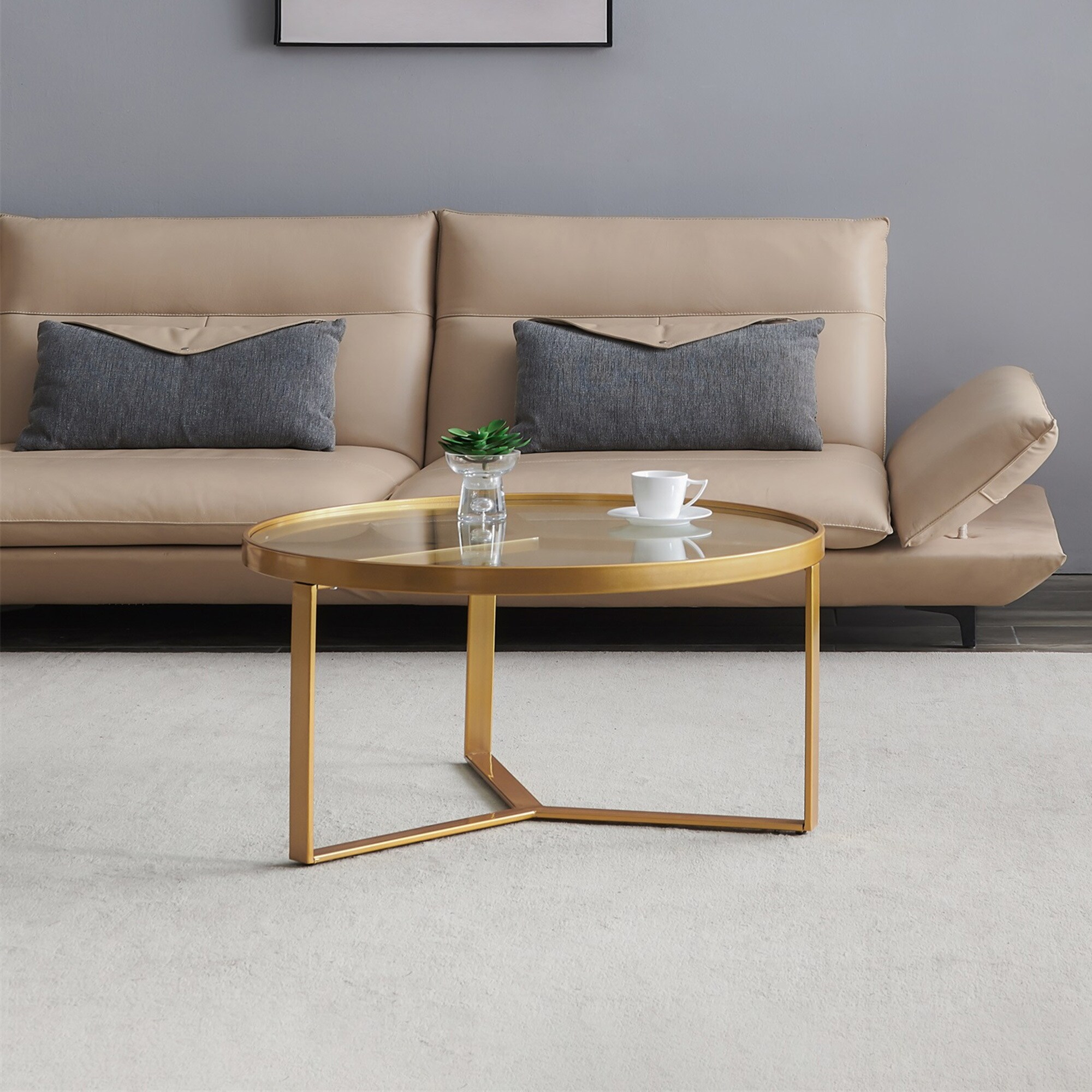 EPOWP Modern coffee table，Golden metal frame with round tempered glass tabletop