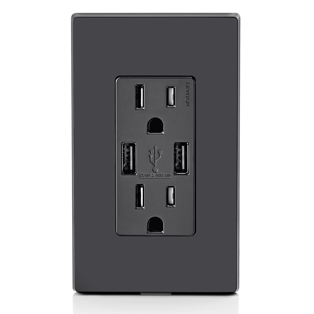 Leviton Decora 15A 125V Black NEMA 5-15R Outlet and USB Charger