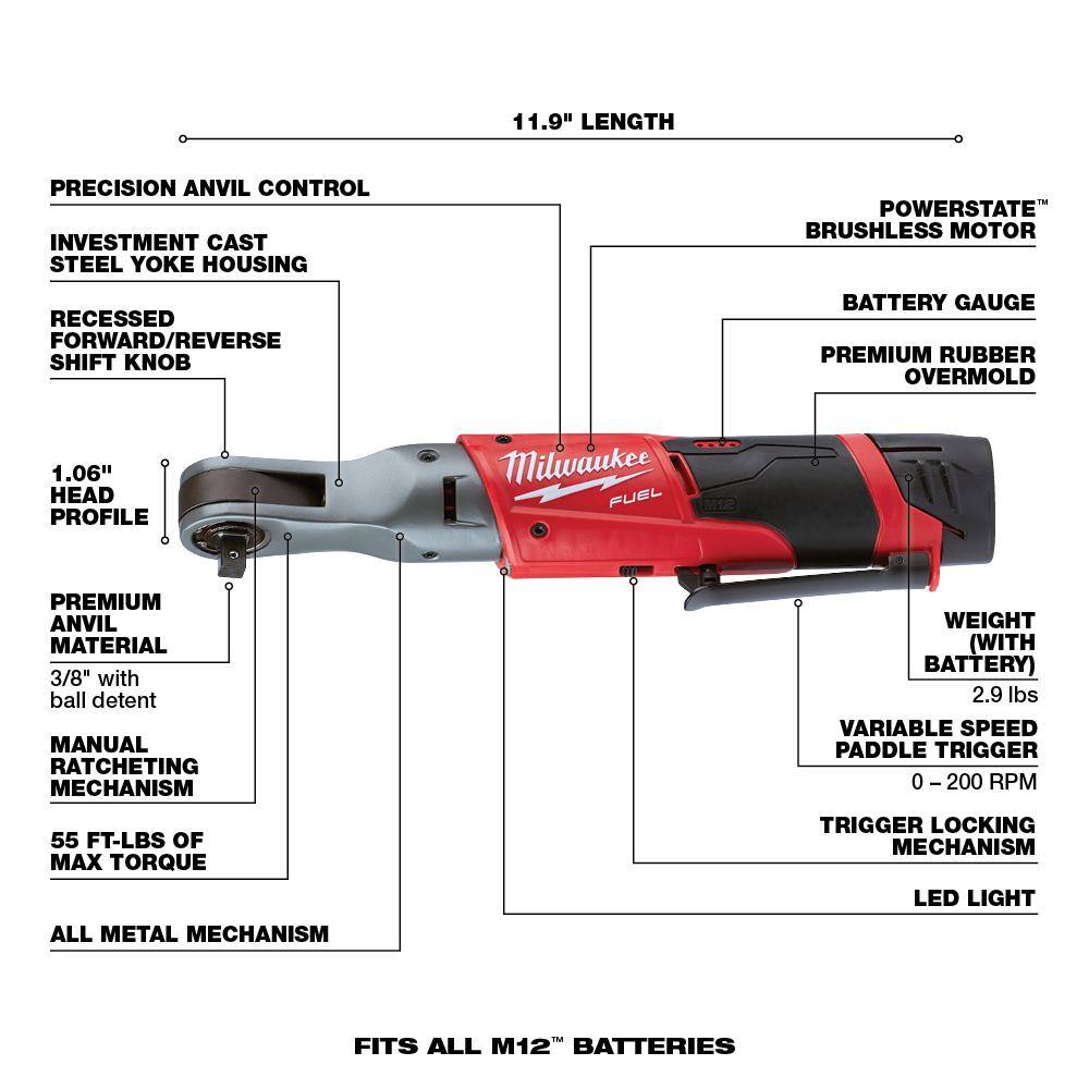 MW M12 FUEL 12V Lithium-Ion Brushless Cordless 38 in. Ratchet with M12 2.0Ah Battery 2557-20-48-11-2420