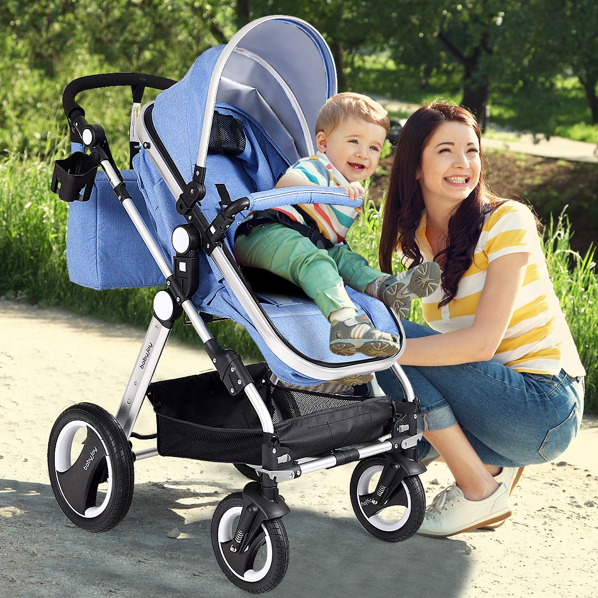 BABY JOY Baby Stroller, 2-in-1 Convertible Bassinet Reclining Stroller, Foldable Pram Carriage with 5-Point Harness