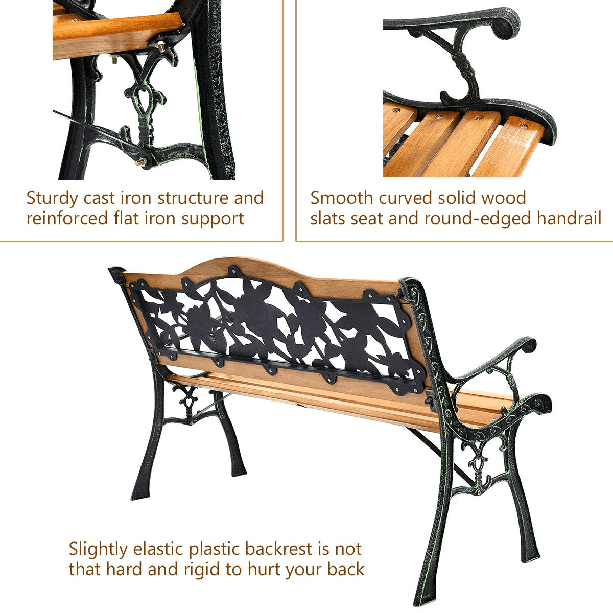 Outdoor Garden Bench Park Bench 50" Metal Porch Chair Cast Iron Hardwood Patio Furniture, 480LBS Weight Capacity for Park Yard Patio Deck Lawn