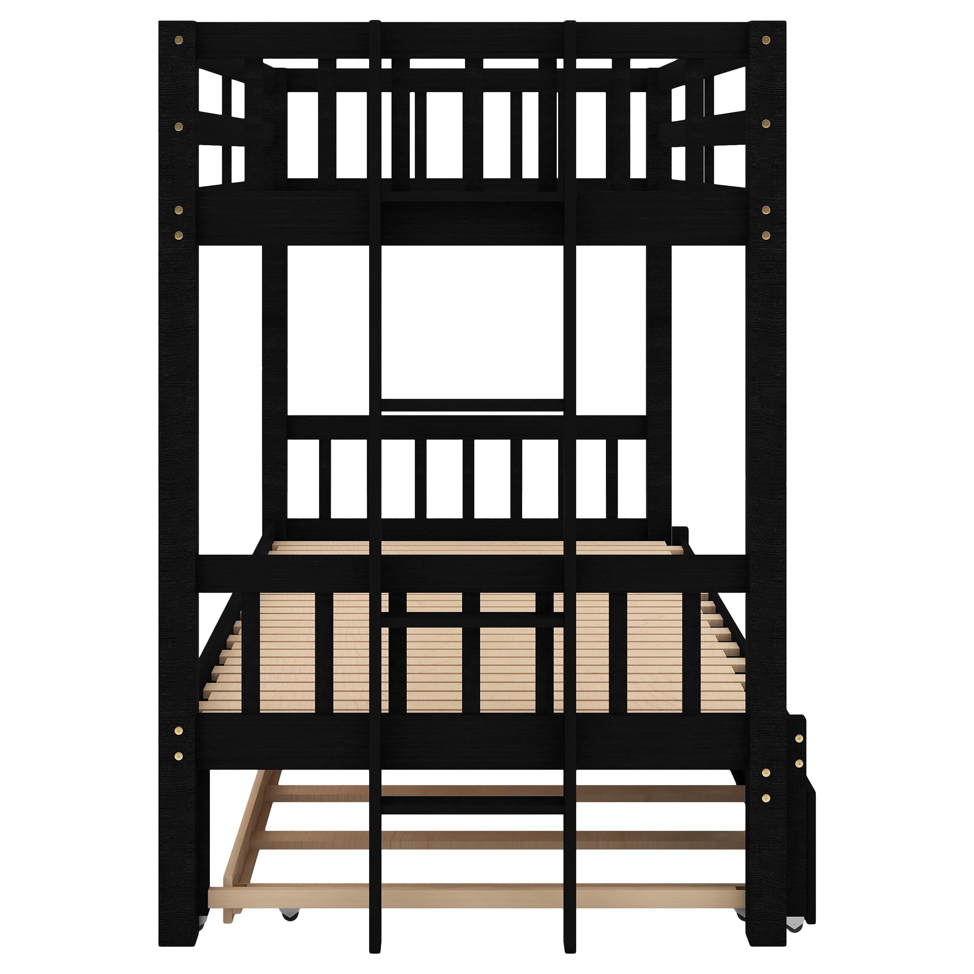 Euroco Wood Twin Over Twin Bunk Bed with Trundle for Kids Room, Espresso