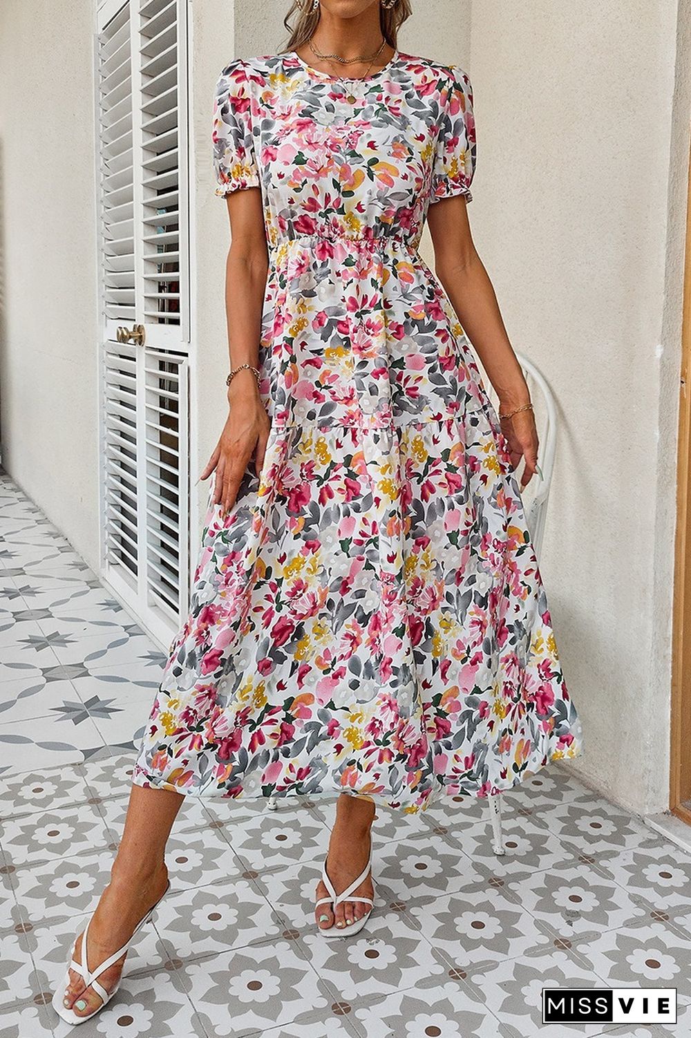 Elegant Boho Beach Summer Women Dress Short Princess Sleeve Floral Print Dress New O-neck High Waist Zip A-line Long Dress