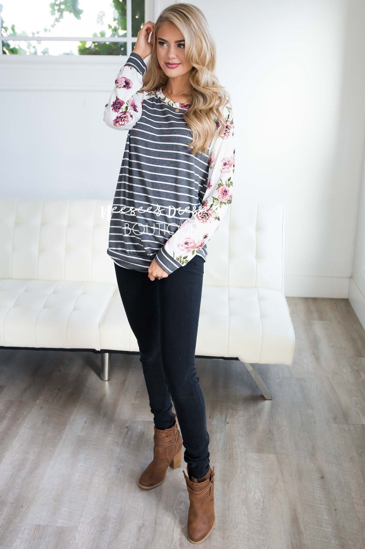 Floral Sleeve & Striped Top