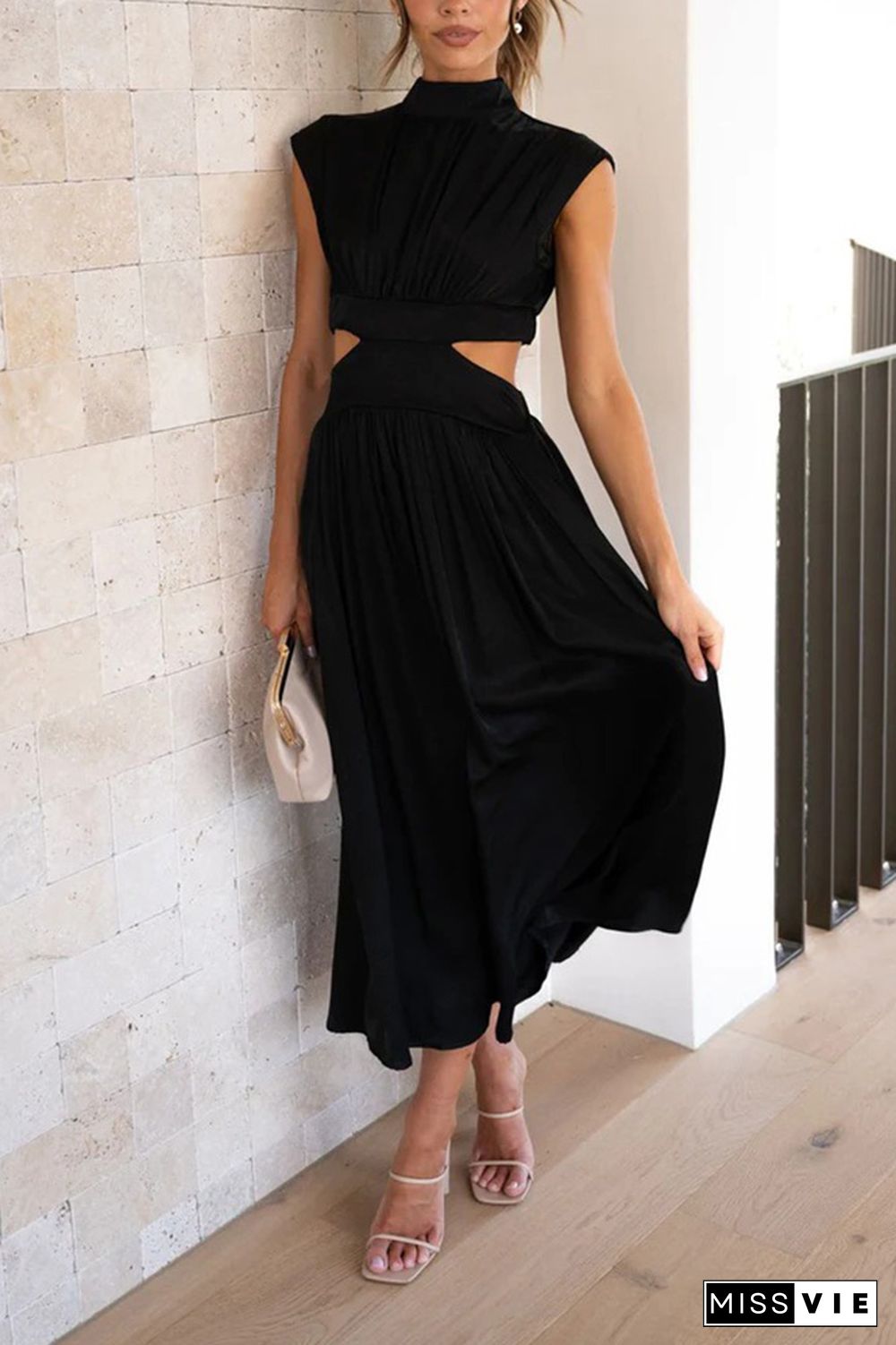 Plain Frilled High Collar Cut Out Waist Maxi Dress