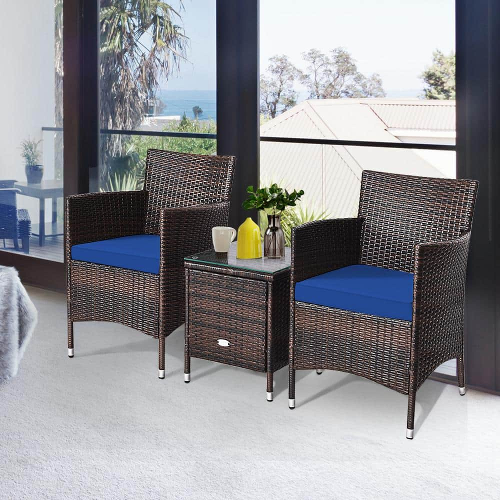 Gymax 3-Piece Rattan Patio Chair and Table Furniture Set Outdoor with Navy Cushion GYM07042