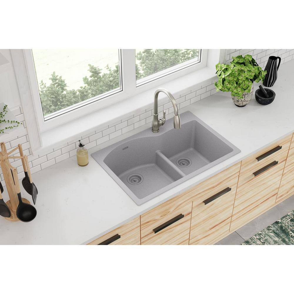 Elkay Quartz Classic Greystone Quartz 33 in. 6040 Double Bowl Drop-In Kitchen Sink with Aqua Divide ELGH3322RGS0