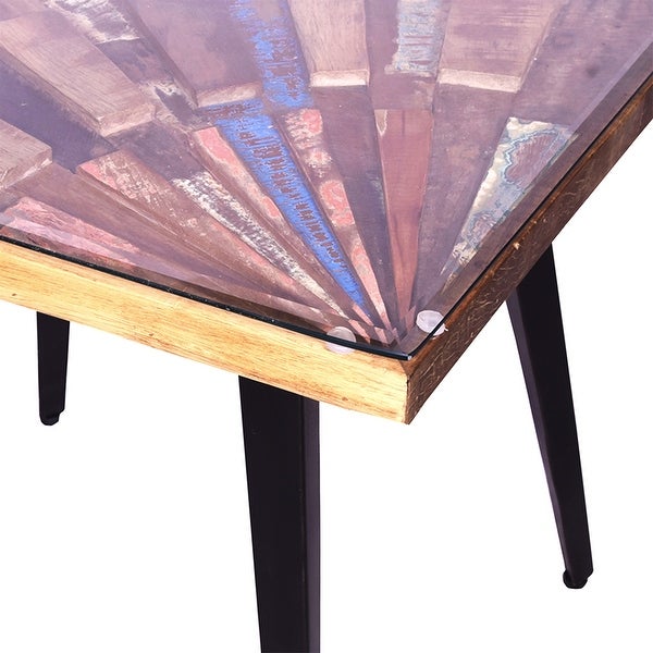 Multicolor Square Wooden End Table Sunburst Design Glass Inserted Top