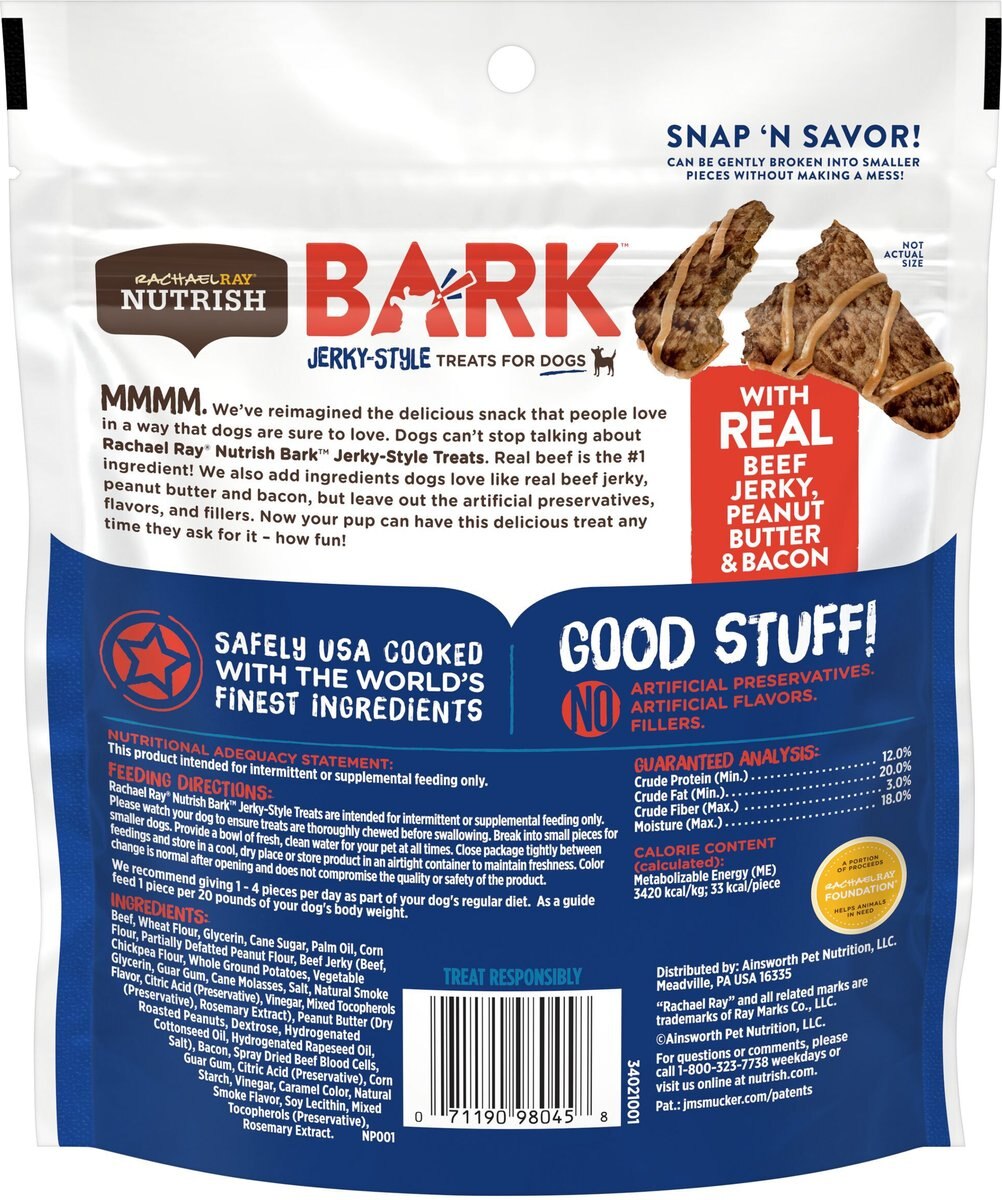 Rachael Ray Nutrish Bark Real Beef Jerky， Peanut Butter and Bacon Dog Treats， 4.5-oz pouch， case of 5