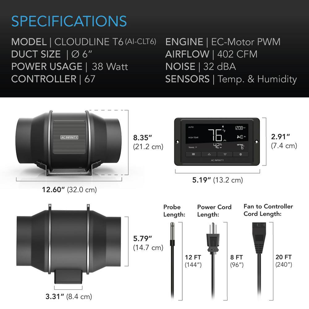 AC Infinity Cloudline T6 Quiet 6 in. Inline Duct FanTemperature Humidity Controller Hydroponics Ventilation Heating Cooling Booster AI-CLT6