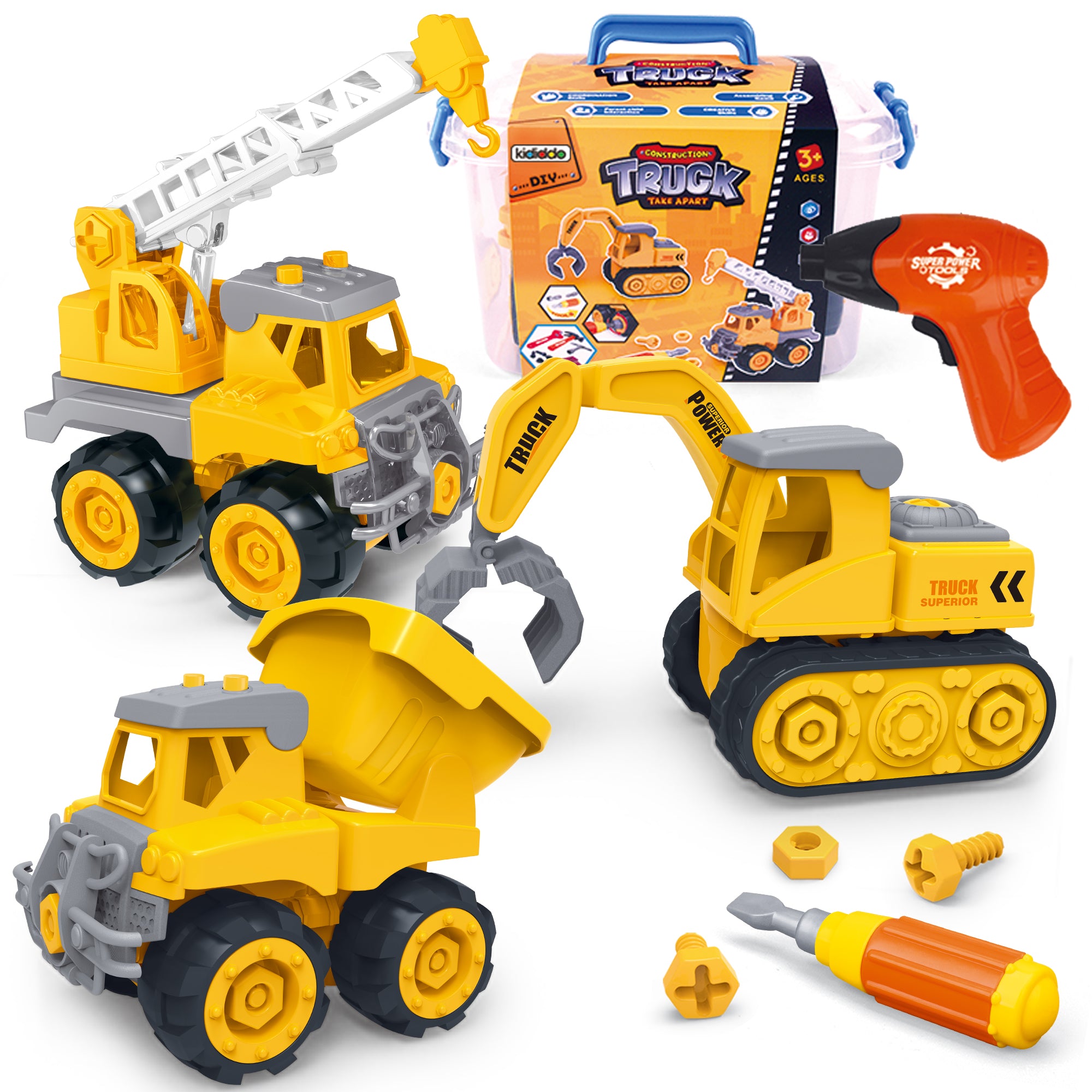 Take Apart Truck Toys for Boys and Girls， Set of 3 Construction Vehicles for Kids， Build a Dump Truck， Excavator and Crane， Take a Part Truck Toy with Drill and Tools for Toddlers 2-5 Years Old