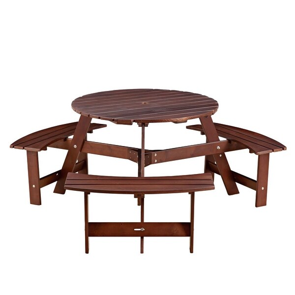 63 in. Wood Round Picnic Tables Set with Umbrella Hole and Benches