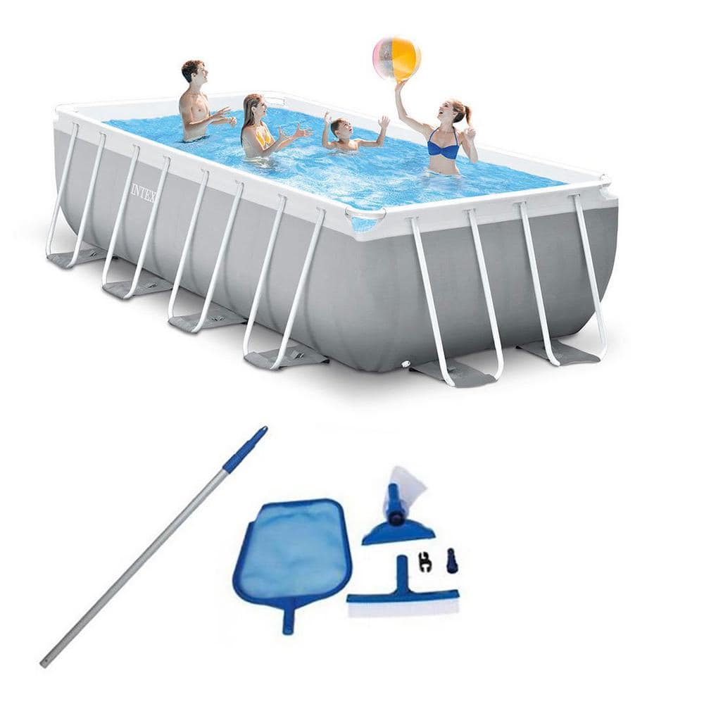 Intex 16 ft. x 3.5 ft. Rectangle Metal Frame Pool Above Ground Swimming Pool Set with Vacuum Skimmer and Pole 26791EH + 28002E