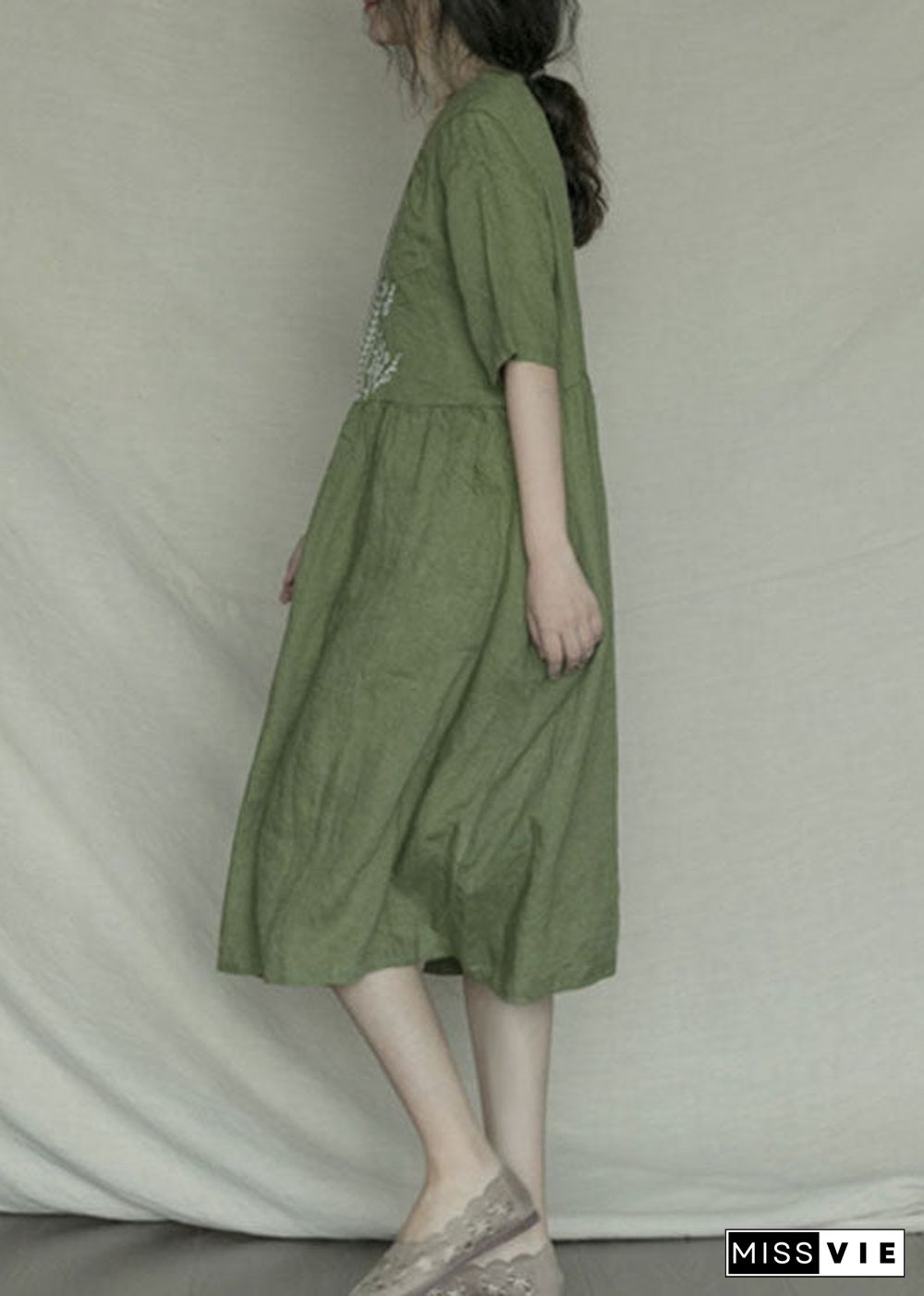 Bohemian Green Embroideried Casual Linen Dress Short Sleeve