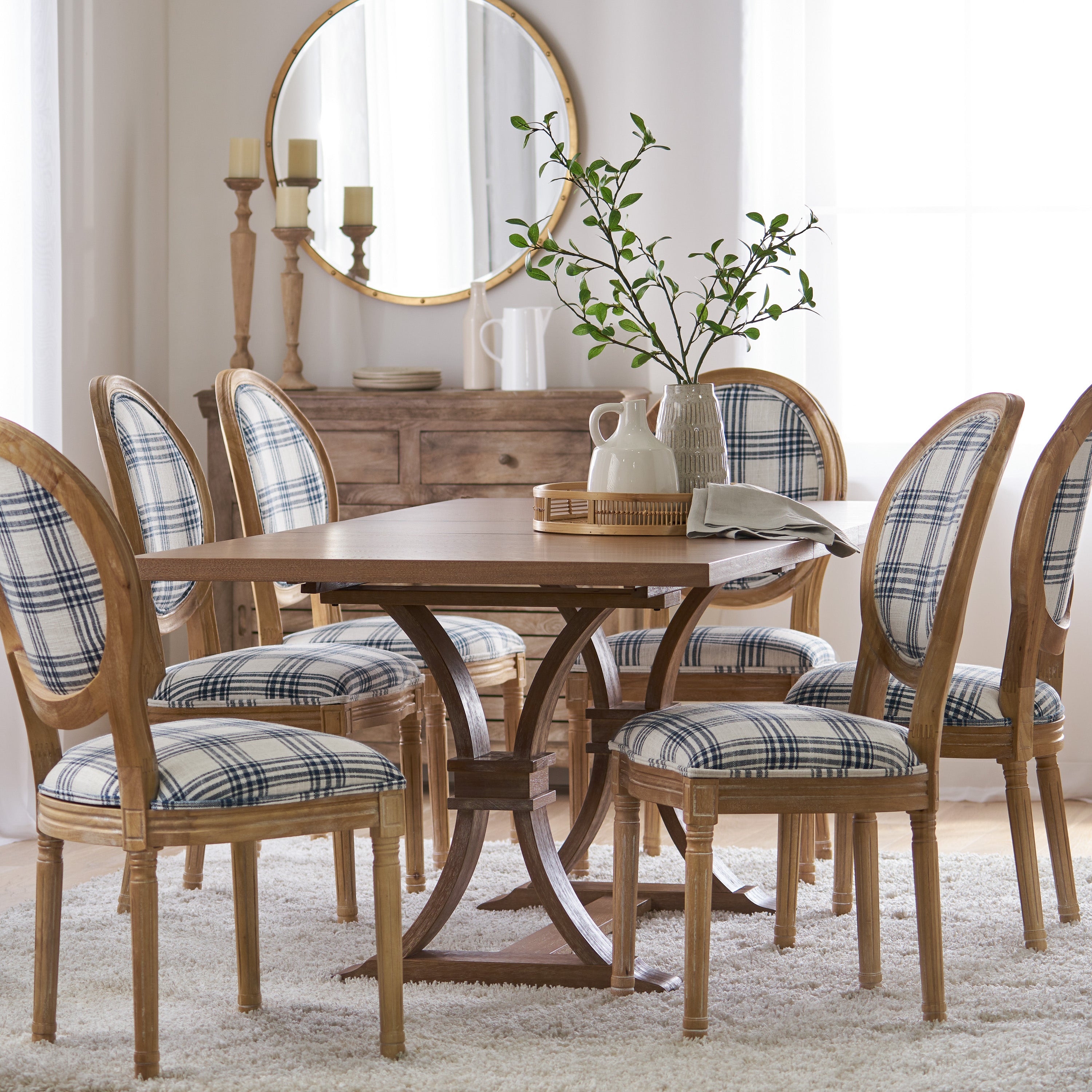 Dason French Country Fabric Upholstered Wood 7 Piece Dining Set