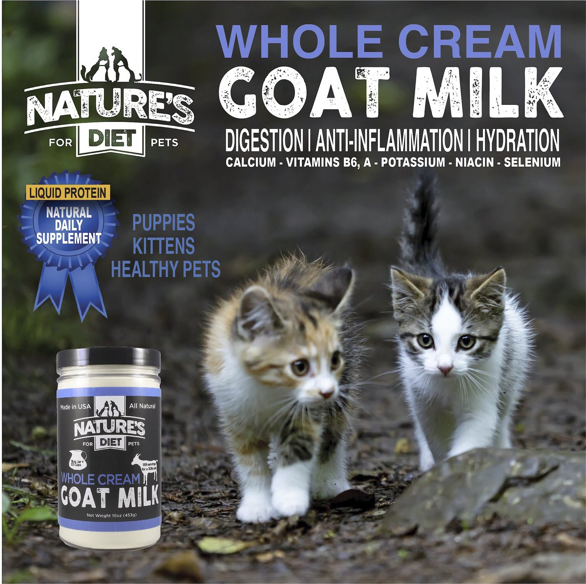 Nature's Diet Whole Cream Goat Milk Wet Dog and Cat Food Topping， 16-oz jar