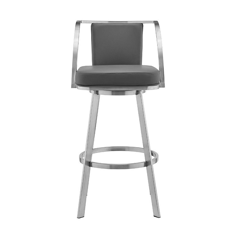 Metal Swivel Barstool with Open Curved Frame Arms， Gray and Silver