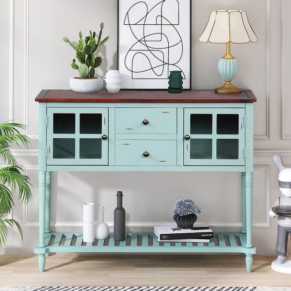 Sideboard Console Table with Bottom Shelf， Wood/Glass Buffet Storage Cabinet