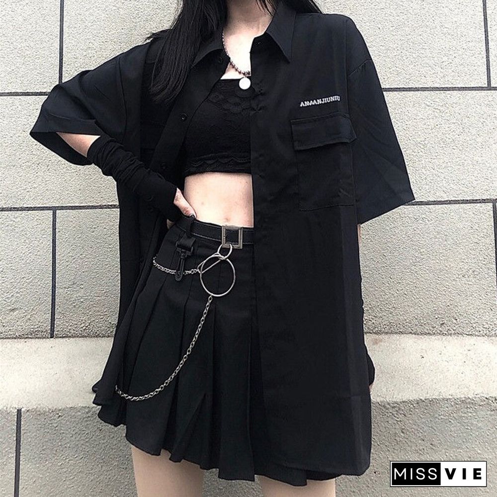 Vintage Loose Solid BF Gothic Two Piece Set Women Summer Casual Korean Button Shirt And Black Pleated A-line Mini Yk2 Skirt