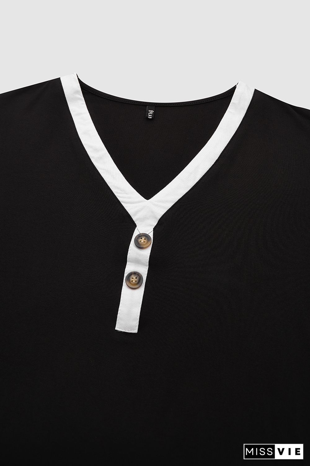 Button Front Contrast Binding V Neck T-Shirt