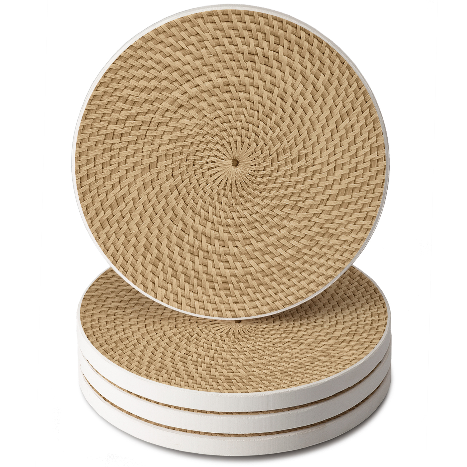 CounterArt Basket Weave Design Decorative Round Single Image Absorbent Stone Coaster 4 Pack