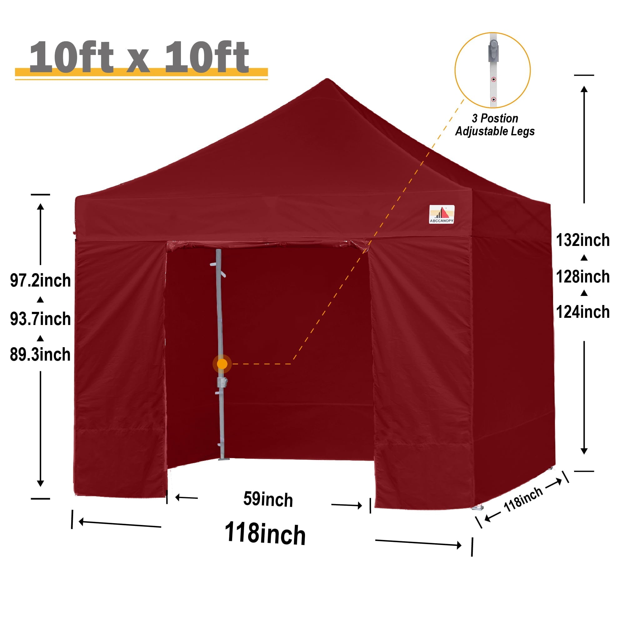 ABCCANOPY 10 ft x 10 ft Metal Pop-Up Commercial Canopy Tent with walls, Burgundy