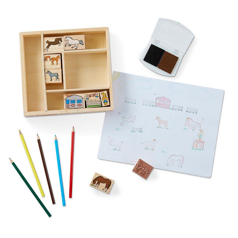 Melissa and Doug Wooden Stamp Activity Set Horse Stable - 10 Stamps， 5 Colored Pencils， 2-Color Stamp Pad