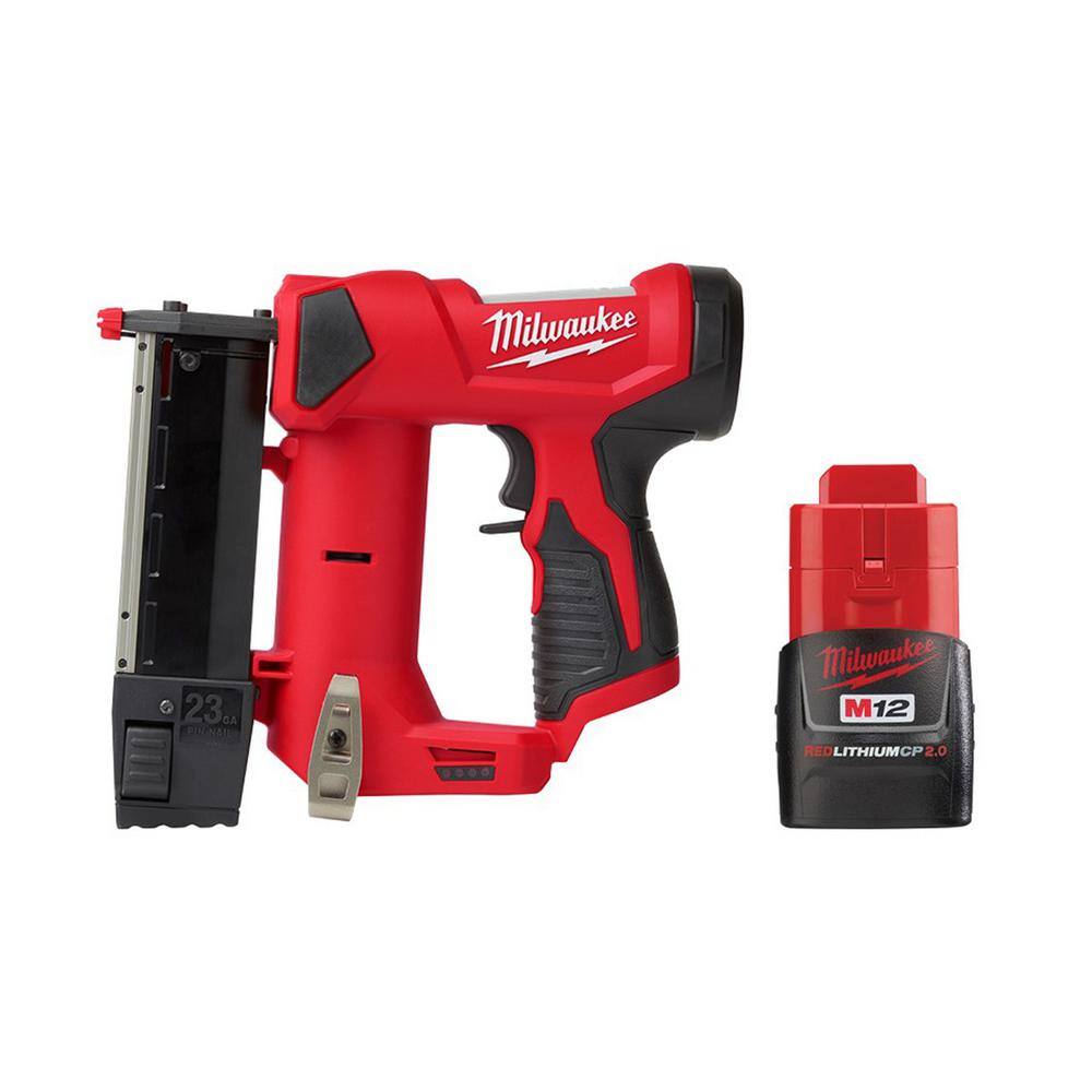 MW M12 12-Volt 23-Gauge Lithium-Ion Cordless Pin Nailer with  M12 2.0 Ah Battery 2540-20-48-11-2420