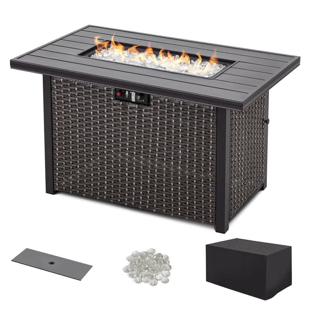 Nuu Garden Brown 43 in 50000 BTU Rectangular Wicker Aluminum Propane Gas Outdoor Fire Pit Table with Removable Lid Fire Glass