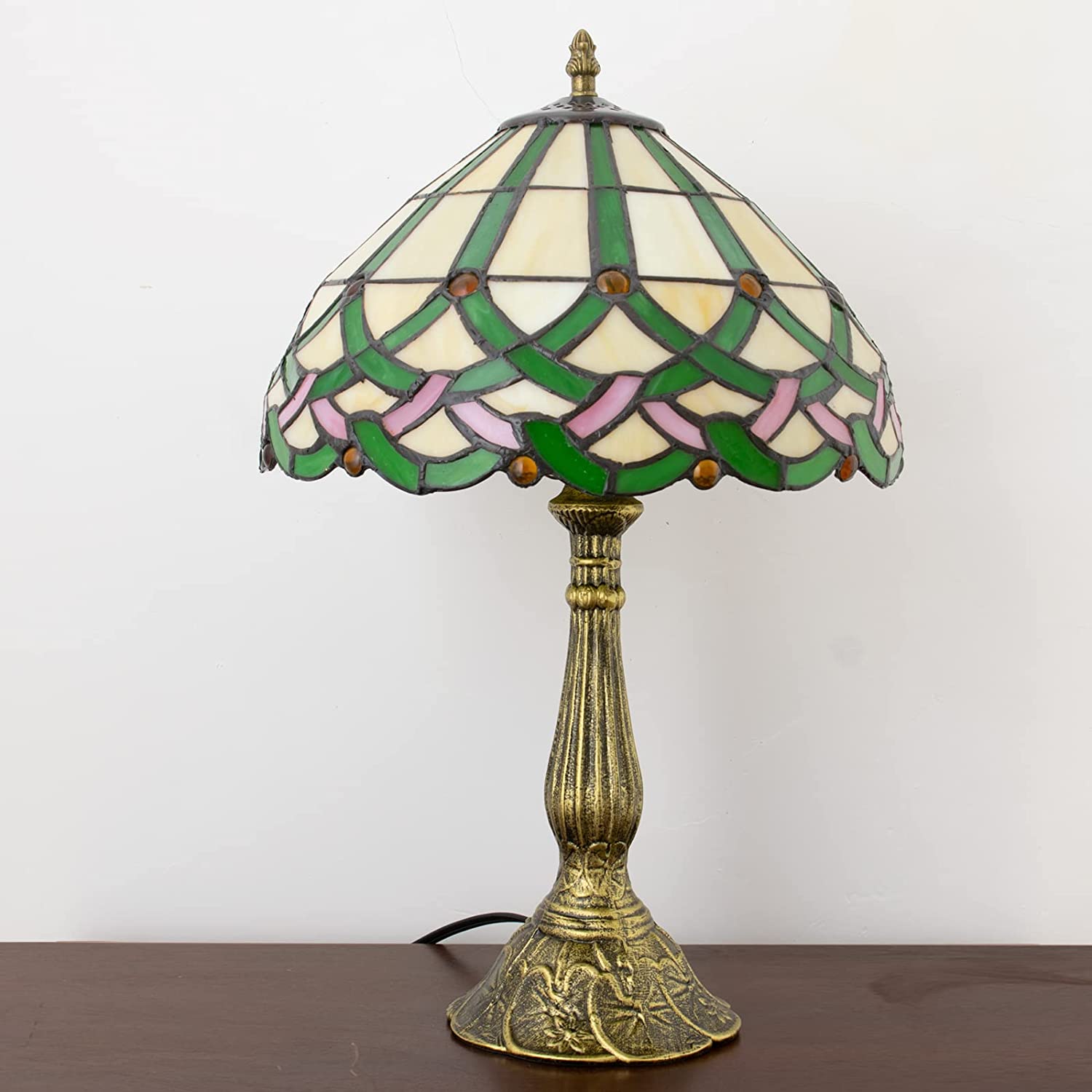 SHADY Tiffany Table Lamp Stained Glass Bedside Lamp Green Floral Desk Reading Light 18&#34; Tall Vintage Antique Style Banker Lamp Room Bedroom Living Study Coffee Bar Office LED Bulb Inc