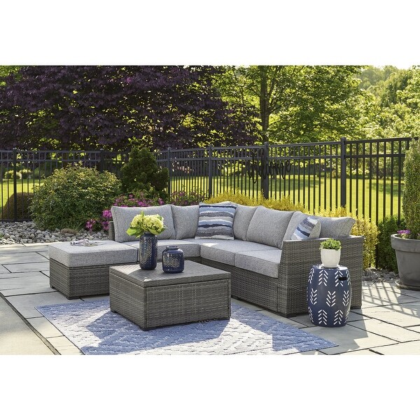 Signature Design by Ashley Petal Road Gray Outdoor Loveseat Sectional/Ottoman/Table Set (Set of 4)