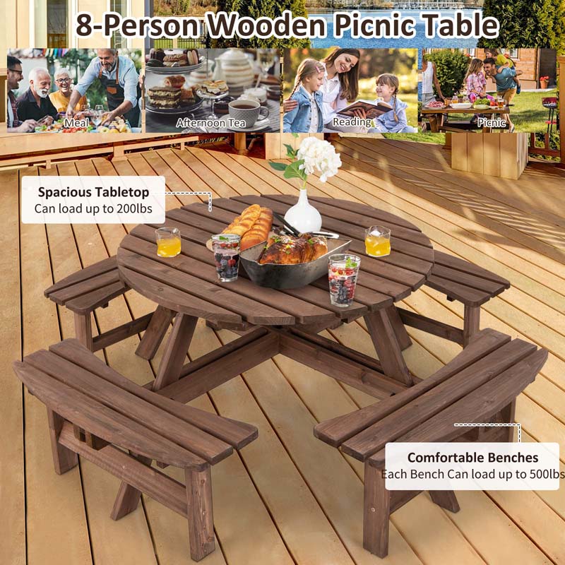 8-Person Outdoor Wooden Round Picnic Dining Table Bench Set with Umbrella Hole & 4 Benches