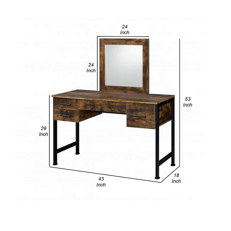 Vanity Desk with 4 Drawers and Square Mirror， Brown and Black