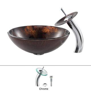 KRAUS Pluto Glass Vessel Sink in Brown with Waterfall Faucet in Chrome C-GV-684-12mm-10CH