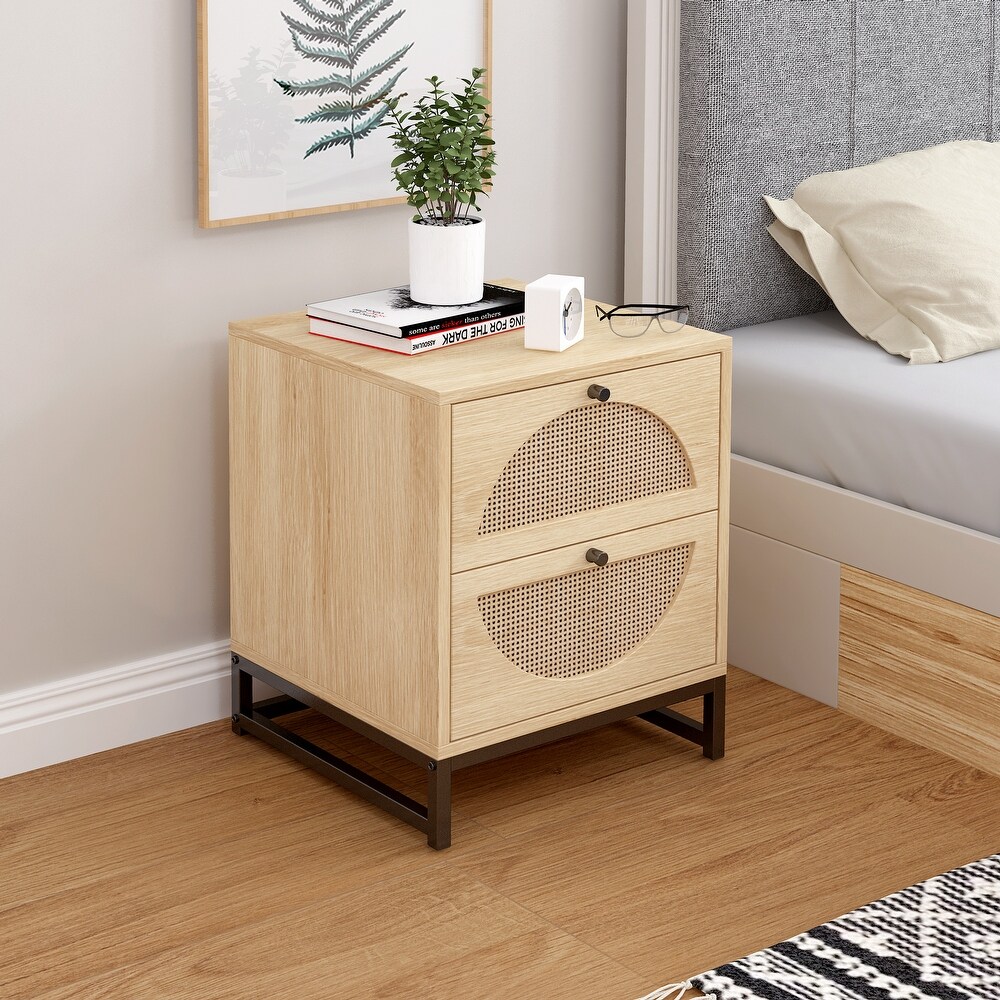 Natural Rattan Bark 2 drawer Nightstand  Semicircular Pattern Embedded  Upper and Lower Drawers  Protruding Round Handles