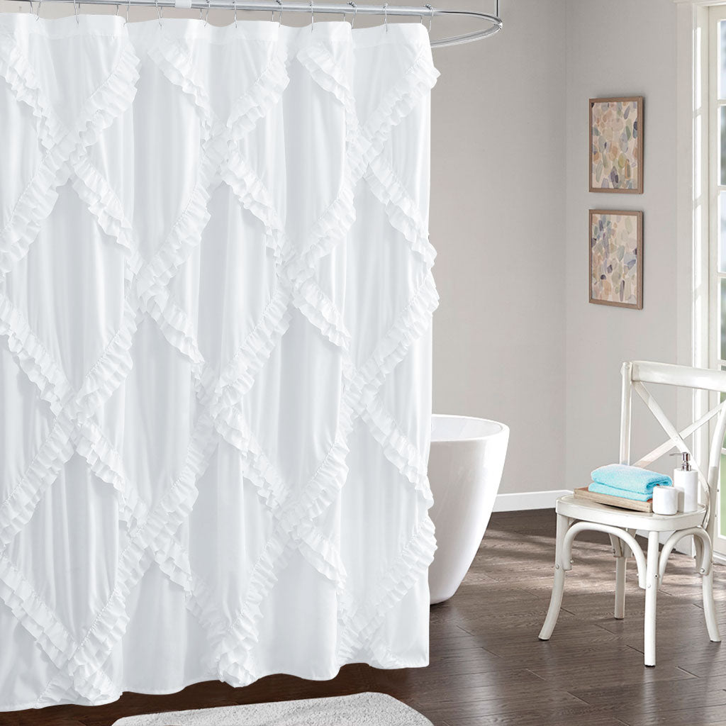 HIG Luxurious Farmhouse Unique Ruffle Cloth Fabric Shower Curtain 72x72 Extra Long Bathroom Curtain