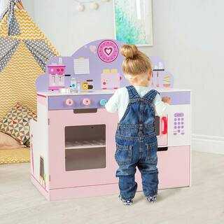 Costway 2-in-1 Kids Play Kitchen and Cafe Restaurant Wooden Pretend Cooking Playset Toy Pink HW64637