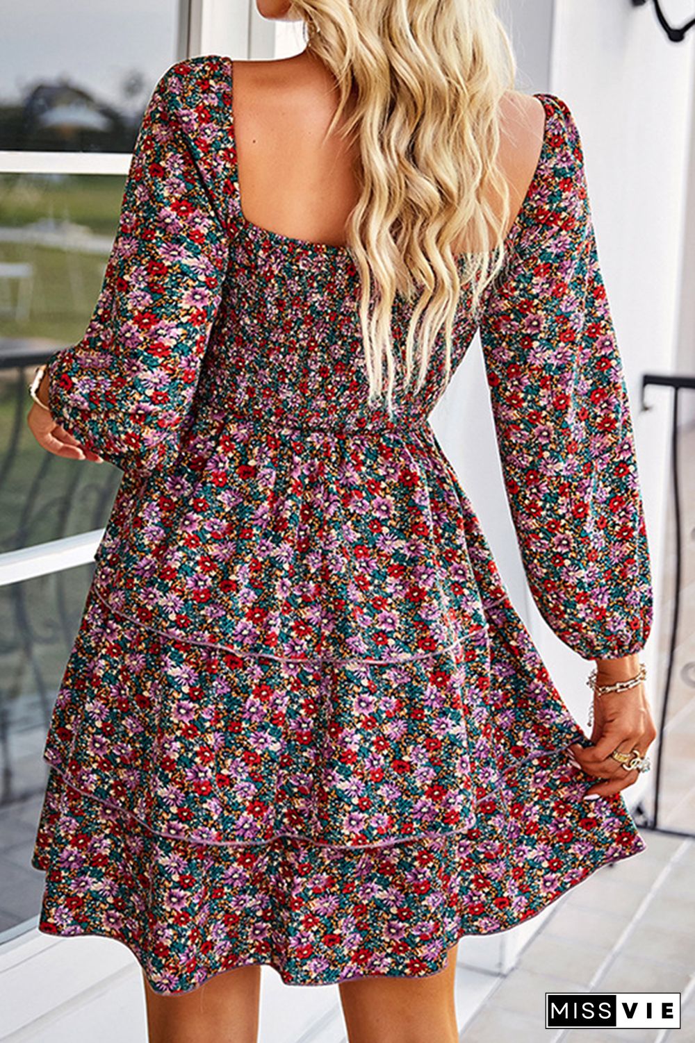 Smocked Tiered Long Sleeves Floral Dress