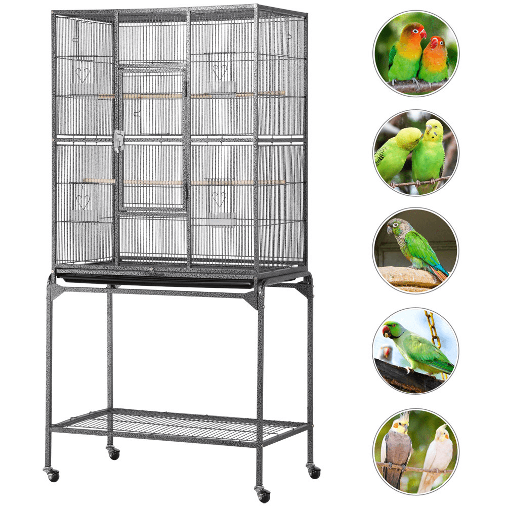 Topeakmart 63''H Large Rolling Metal Parrot Cage with Detachable Stand Bird Cage for Conures Parakeets Cockatiels， Black