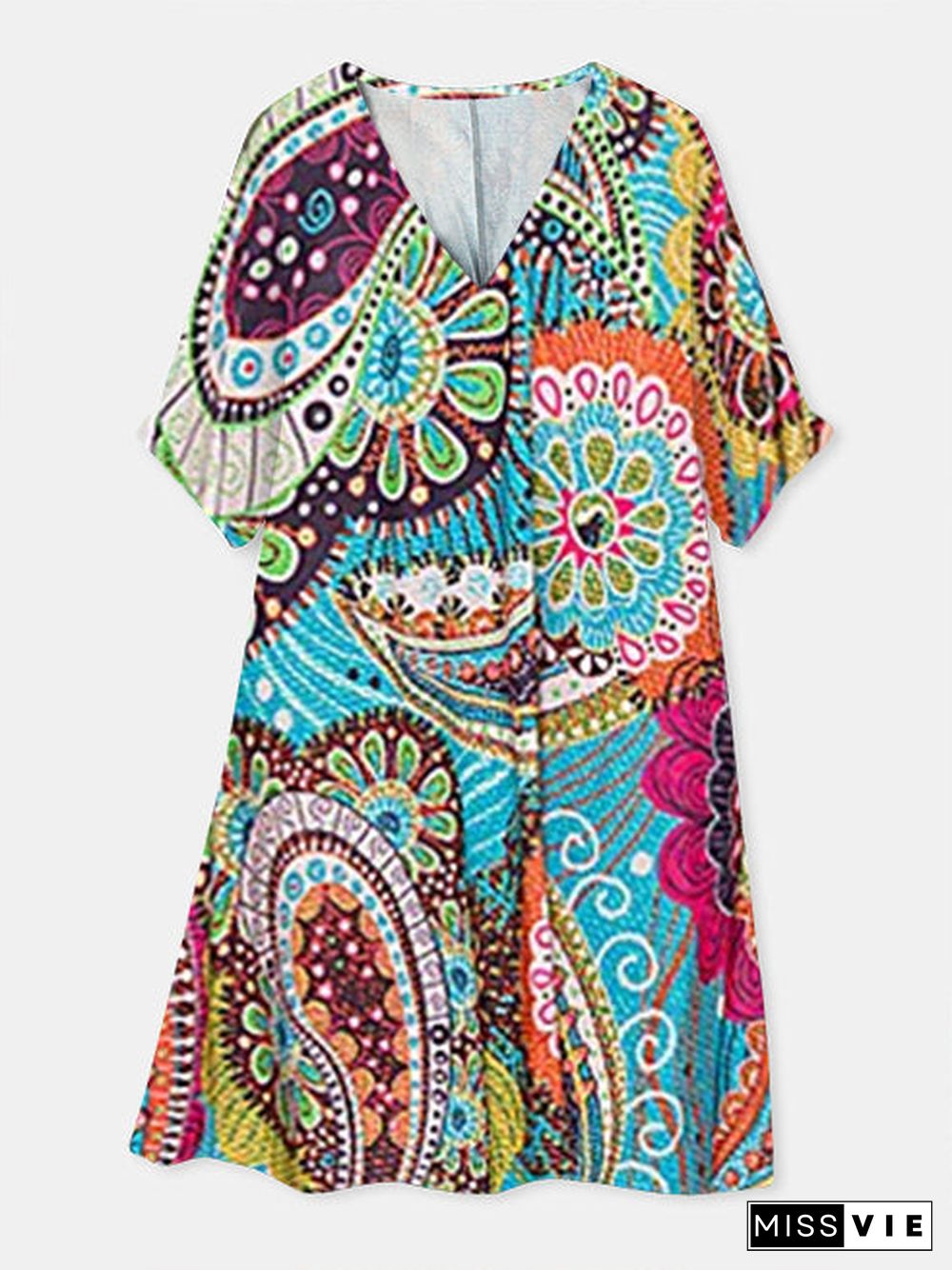 Women Casual Short Sleeve V-neck Colorblock Printed Midi Dress