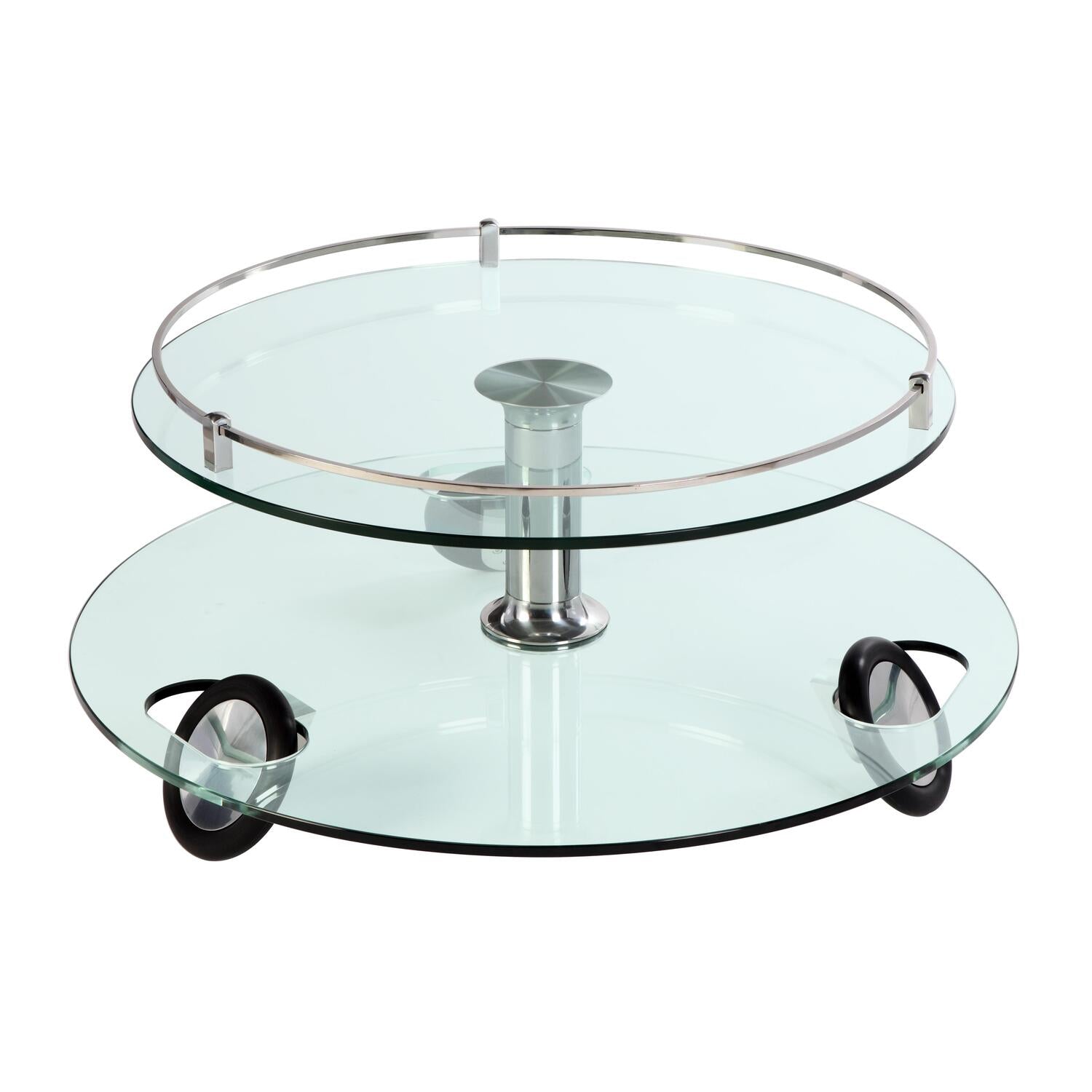 Chintaly Contemporary Two-Tier Rolling Round Glass Cocktail Table, Single